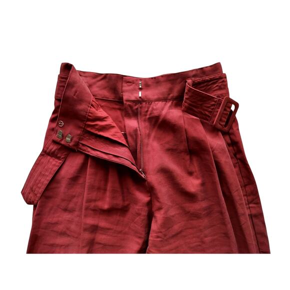 H&M Women's Burgundy Belted Pleated Straight Leg Trouser Pants Size 8 - Picture 4 of 9